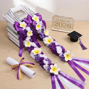 Plumeria Graduation Lei 2026 Purple White Hawaiian Ribbon Graduation Braided Lei with Flowers for Adults Class of 2026 School College Student Congrats Grad Gifts Party Accessories