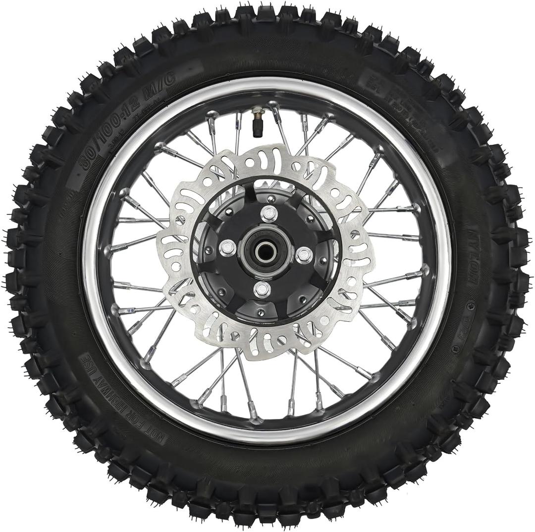 12" Rear Wheel Tire 80/100-12 Wheel Tire Rim with Sprocket & Brake Disc Rotor for Pit Dirt Monkey Bike 50cc 70cc 90cc 110cc 125cc 140cc CRF70 90 TTR100 Black (12" Rear)