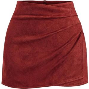 MakeMeChic Women's Suede Skirt Ruched Zip Back Bodycon Vintage Wrap Y2K Short Skirts (Medium)
