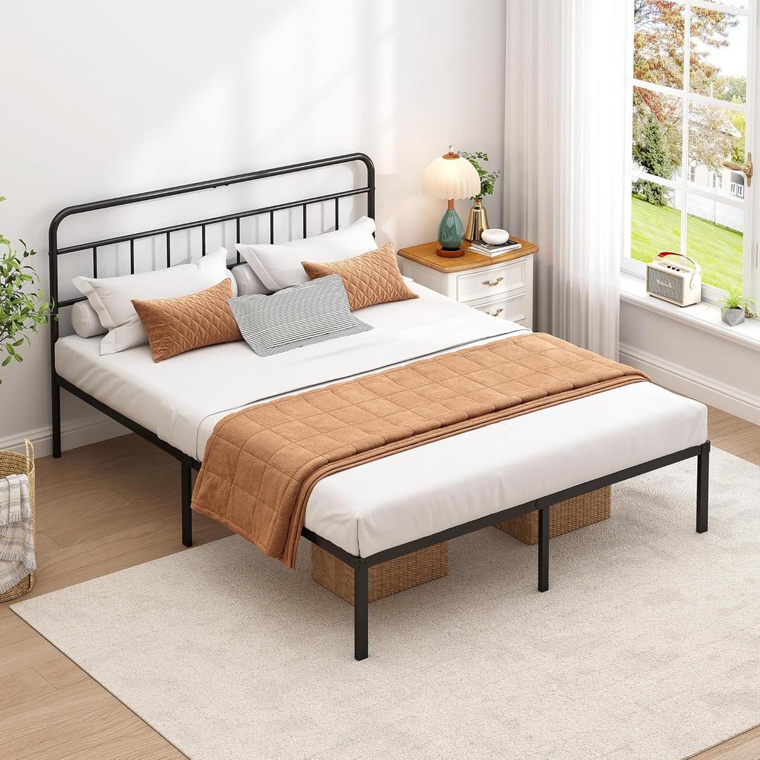 King Bed Frame with Classic Headboard,Strong Metal Slats Support,Under Bed Storage Space,No Box Spring Needed,Easy to Assemble,Black