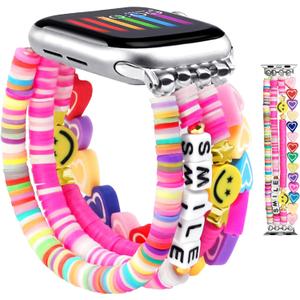 JR.DM Beaded Bracelet Compatible with Apple Watch 40mm 38mm 41mm 42mm for Women, Cute Fashion Preppy Stack Handmade Elastic Watch Strap Replacement for iWatch Series 10/9/8/7/SE/6/5/4/3/2/1 (Colorful) (38/40/41/42mm(Series 10) M(5.8"-6.3"), A1 Colorful)