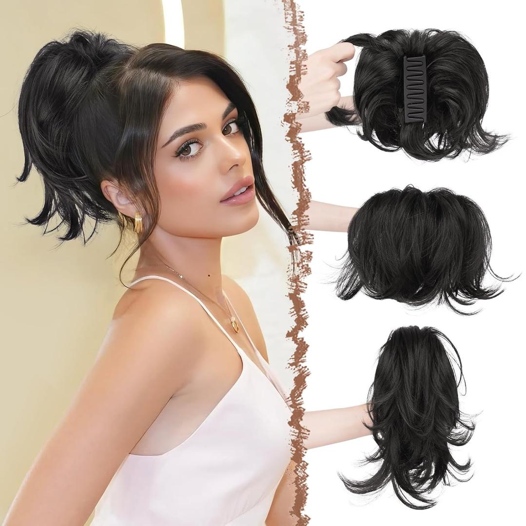 FESHFEN Claw Clip Short Ponytail Extensions - DIY Bendable Metals Fluffy Messy Bun Hair Piece Straight Synthetic Hairpieces Ponytail Extension for Women, Natural Black