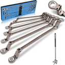 DISEN Upgraded Double Jointed Extra Long Flex Head Ratchet Wrench Set, 6 PCS Metric 8-19mm Box End Ratcheting Wrench set with Magnetic Pickup Tool, 72-Teeth, Cr-V Steel,12 Point, Grey Nickel