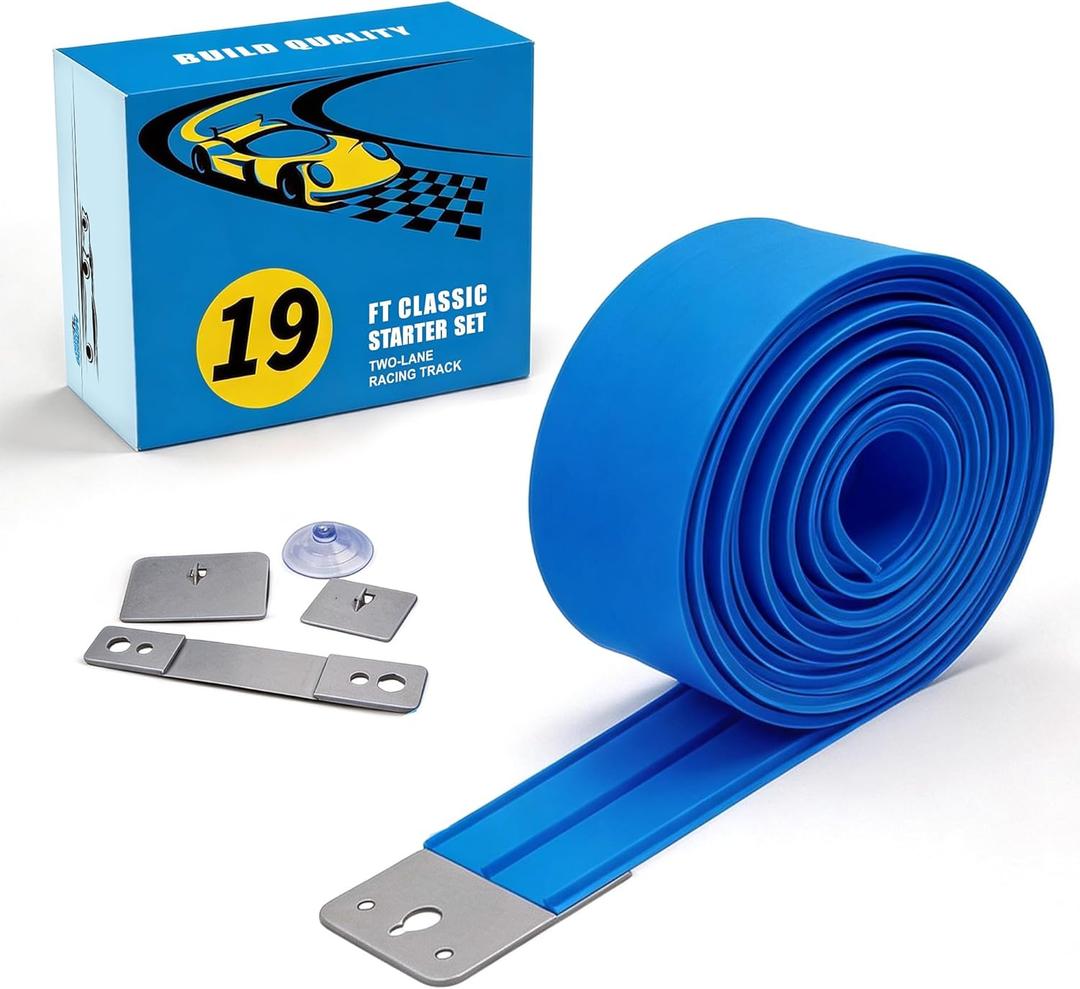 Flexible Race Car Track for Kids Toy, 19Ft Portable TwoLane Racing Starter Set, Wall Mount Suction Cups Magnets Hooks, Compatible for Vehicles up to 1/64th Scale-Blue