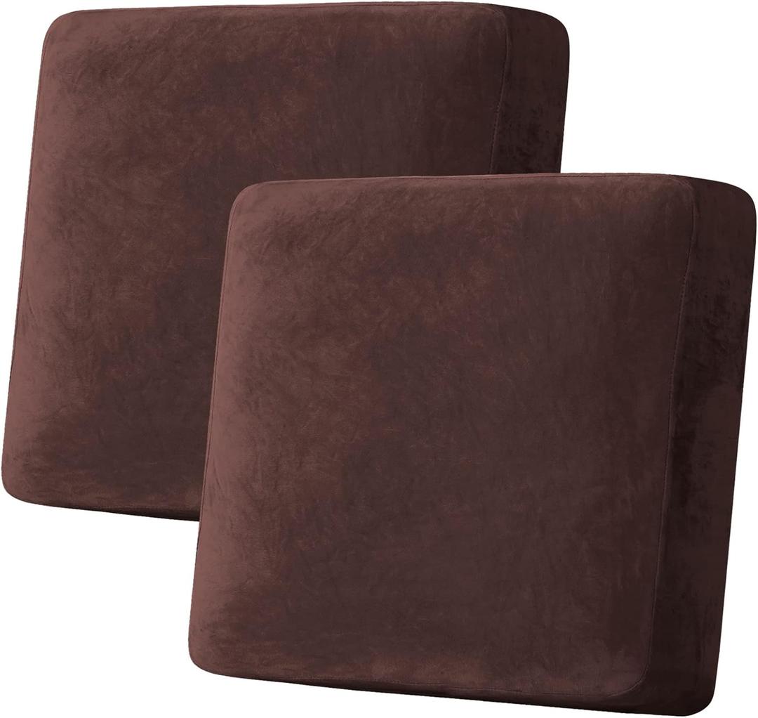 H.VERSAILTEX Velvet Stretch Couch Cushion Cover Plush Cushion Slipcover for Chair Loveseat Sofa Cushion Furniture Protector Seat Cushion Sofa Cover (2 Piece Large Sofa Cushion Covers, Brown)