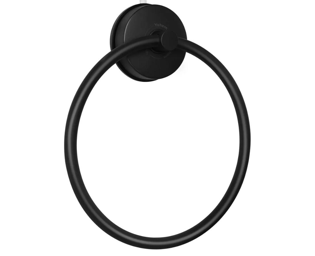 YOHOM Suction Cup Towel Ring Matte Black Hand Towel Holder for Bathroom Stainless Steel Vacuum Suction Washcloth Holder Dish Towel Hanger for Shower Wall No Drill