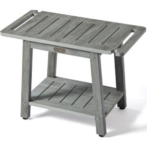 HDPS Shower Bench Seat with Shelf, Waterproof Shower Stool, Bathroom Chair for Spa with Handle, Weather Resistant/Non-Slip/Handles/Indoor or Outdoor Use, Weight Capacity 500LBS (Grey)