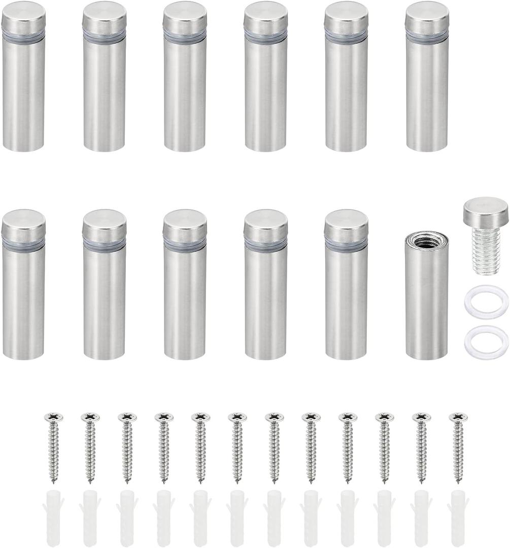 PATIKIL 1/2 x 1.6 inch Sign Standoff Screws, 12 Set Stainless Steel Wall Standoff Mounting Hardware Advertising Glass Nail for Hanging Acrylic Picture Frame Acrylic Panel, Silver