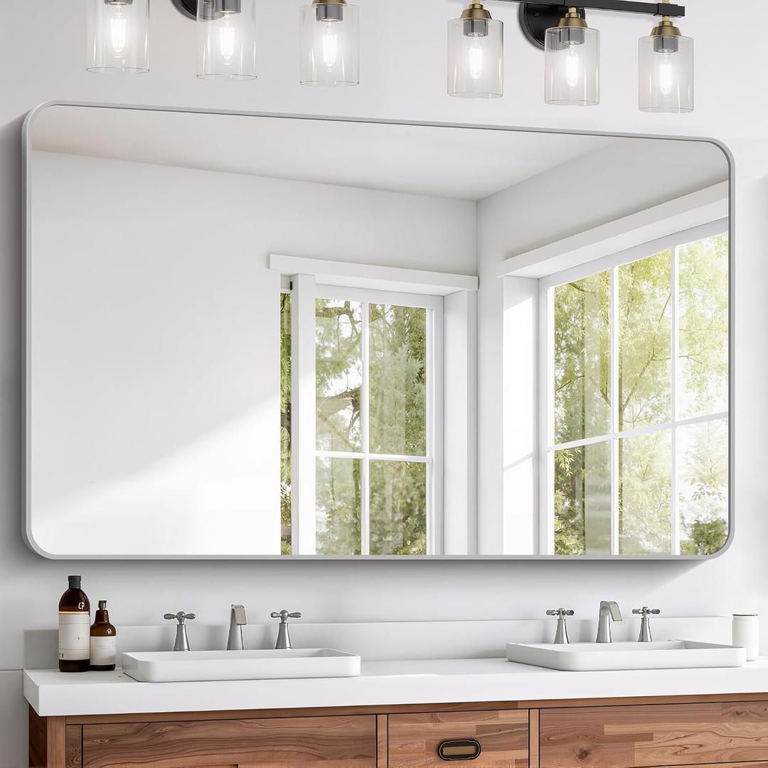 FORBATH 60x36 Inch Silver Bathroom Mirror for Over Sink, Large and Wide Rectangular Wall Mirror with Metal Frame, Rounded Corners for Bathroom, Bedroom, Entryway Decor (Horizontal or Vertical)