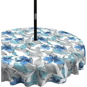 LVTXIII Outdoor Tablecloth with Umbrella Hole and Zipper, 60 Inch Water-Repellent Patio Table Cloth, Round Table Covers for Backyard Garden, Clemens Noir Blue