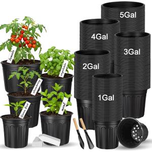 225 Pack 5 Gallon Nursery Pots Bulk Set 5/4/3/2/1 Gal Black Plastic Plant Pots with Drainage Holes, Plant Labels, Mini Shovels, Large Flower Containers for Tomatoes Roses Indoor Outdoor
