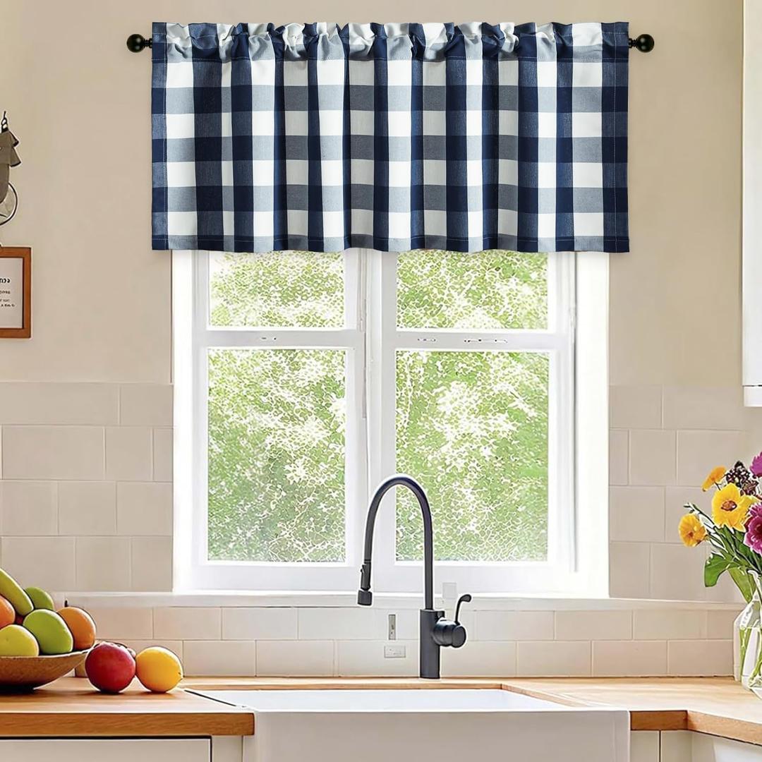 VOGOL Buffalo Check Valance for Kitchen Windows, Easy Care Linen Blend Curtain Panels for Bedroom, Charming Window Covering for Kitchen or Bathroom, 52x18 Inches, 1 Panel, Navy Blue