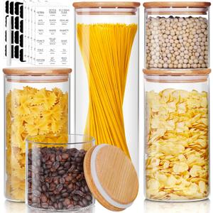 Glass Jars with Bamboo Lids [Muti Size Set of 5], Glass Canisters with Airtight Lids, Glass Food Storage Containers for Pasta, Oats, Coffee, Flour, Sugar, Rice, Best for Kitchen & Pantry