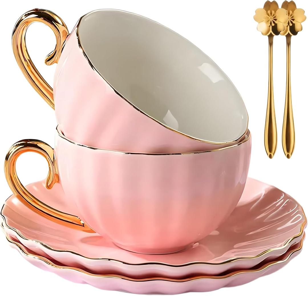 ICHAG Tea Cups and Saucers Set, Tea Cup Set, Cappuccino Cup, 7oz Vintage Porcelain Teacup and Saucer Set with Golden Spoon, Latte Cups, Coffee Cup Set for Women's Tea Party, Home Office Gifts (2pc)
