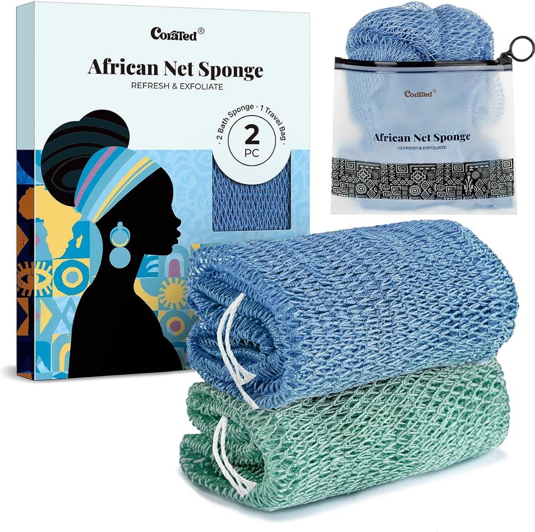 CORATED African Net Sponge with Knots Authentic, Shower Loofah Exfoliating Bath Sponge, Body Scrubber for Women Daily Use Body Care, Travel Portable Bath Accessories for Bathroom (Light Blue & Light Green)