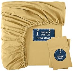 LANE LINEN Full Fitted Sheet, 100% Organic Cotton, 3-Piece Set (1 Fitted Sheet, 2 Pillowcases), Percale Weave, Full Bed Bottom Sheet, Ultra Soft, Fits Mattress Upto 15" Deep - Cocoon(No Flat Sheet)
