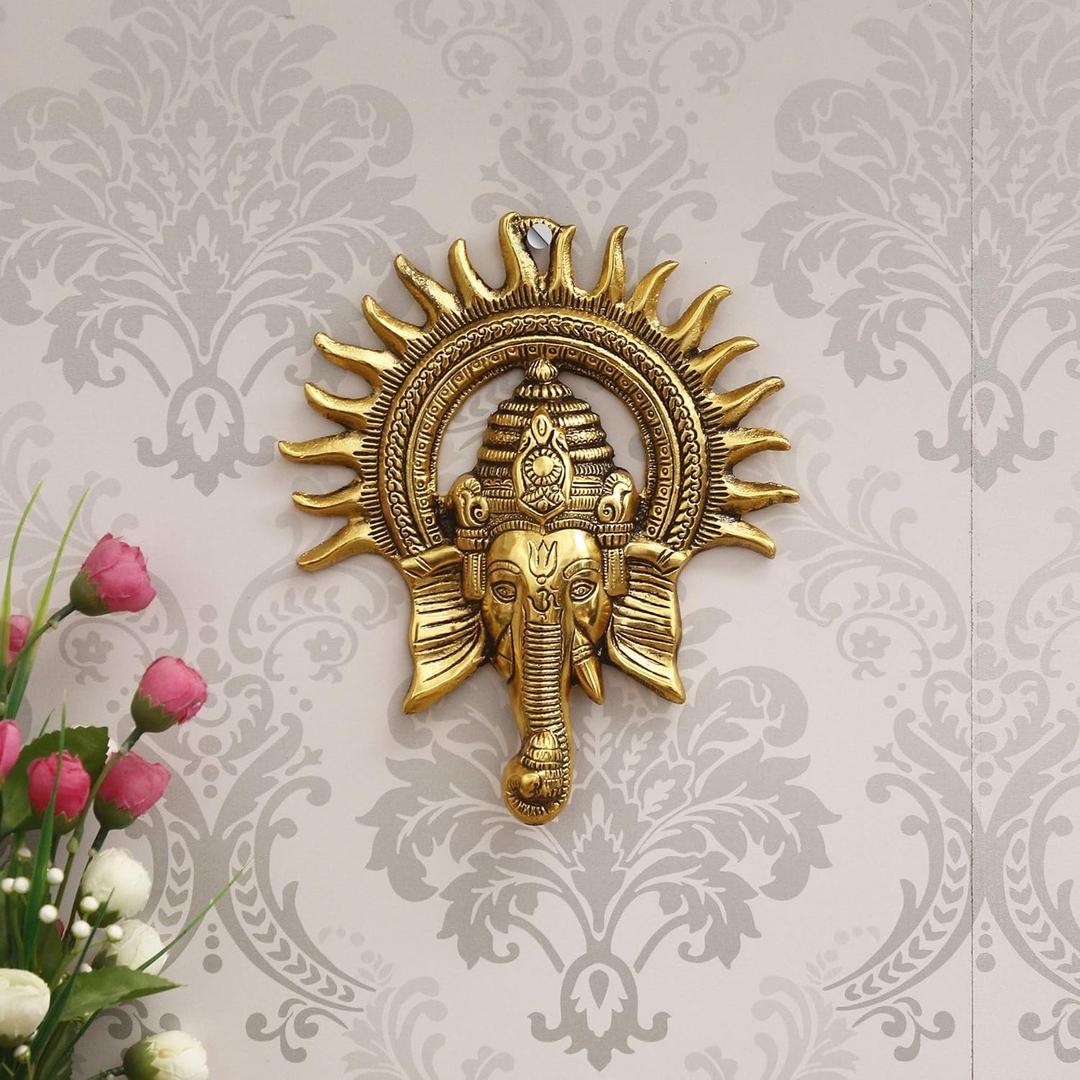 eCraftIndia Golden Lord Ganesha with Sun Decorative Metal Wall Hanging Art Decorative Showpiece for Wall Decor, Festival Home Decor Pooja Room Temple & Gift for Family, Friends, Housewarming