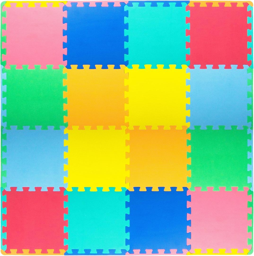 ProSource Foam Puzzle Floor Play Mat for Kids and Babies with Solid Colors, 16 Interlocking Tiles with Borders, Assorted