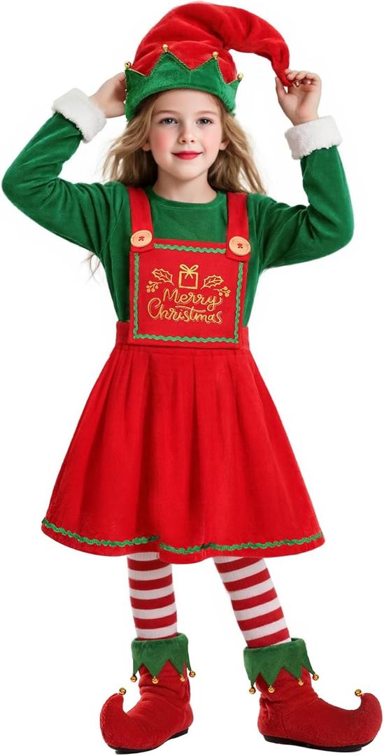 Dormstop Kids Holiday Elf Costumes Deluxe Grils Christmas Elf Dress Set Christmas Party Dress Outfit (5-6 Years, Red)