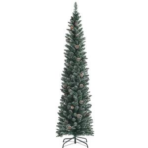 7 ft. Green Unlit Flocked Pencil Artificial Christmas Tree Snowy with Pine Cones