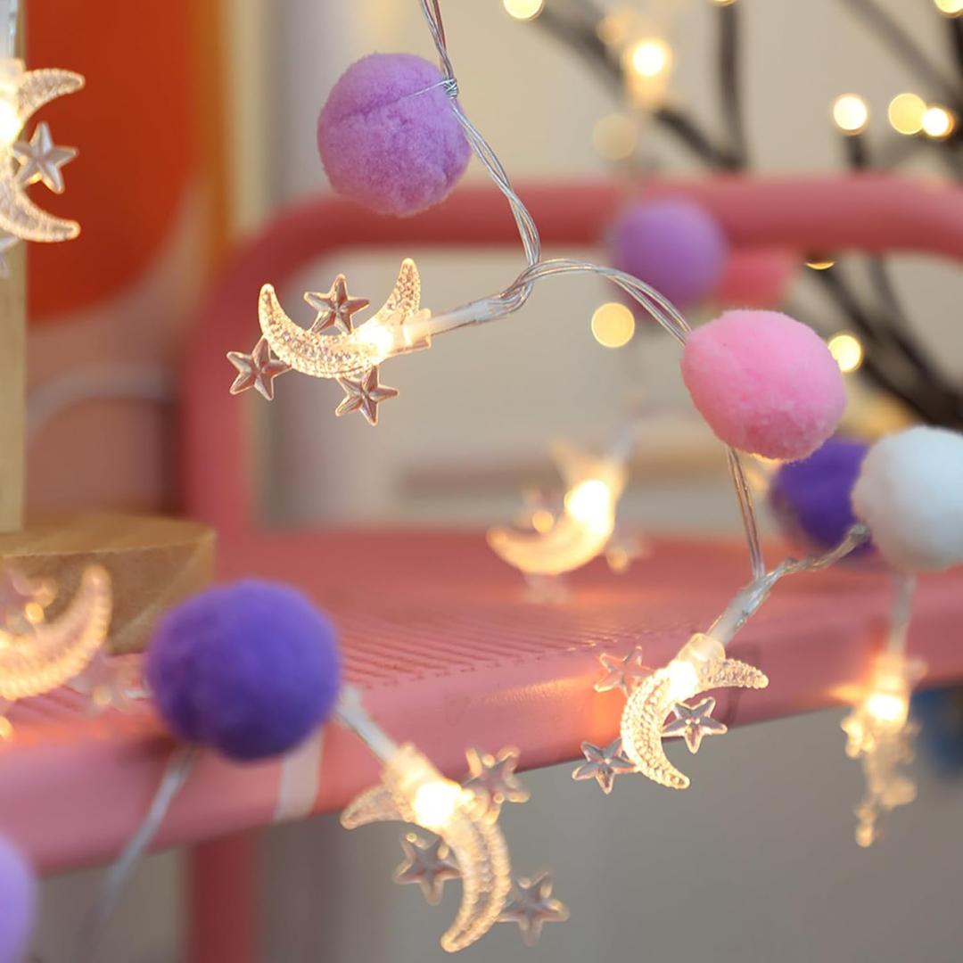 Indoor Pom Poms Moon Lights - 6.56 Feet, 20 LED Battery Operated String Fairy Lights - Warm White Globe Colorful Decor for Home, Bedroom, Kids Playhouse, Holiday, Christmas