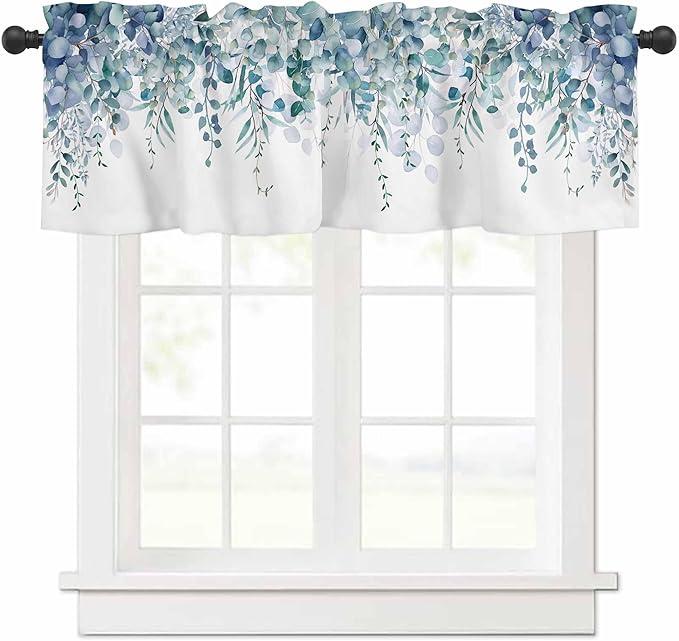 Curtain Valance for Windows Blue Eucalyptus Rod Pocket Valance Window Treatments 1 Panel Watercolor Leaves Short Curtains for Kitchen Windows Bathroom Bedroom 42x12in  (Blue)