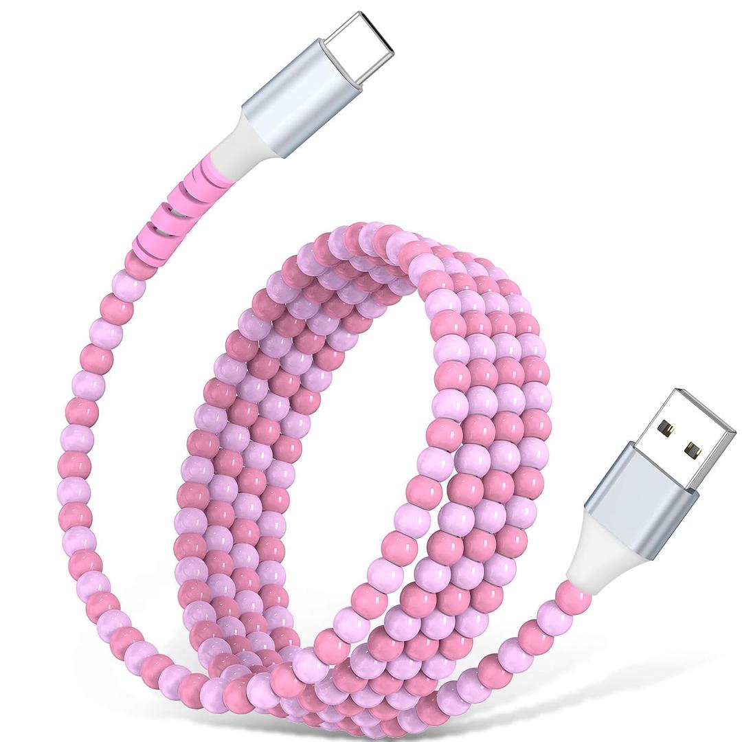 USB A to USB C Cable 3FT,Beaded Charger Cord for iPhone 17 16 Pro Max 15 for Carplay,Type C Cute Car Charger Cord for iPad 10 11th A16/Samsung S26 S25 S24 S23/Pixel/Android Phone Girls Women,Link-Pink