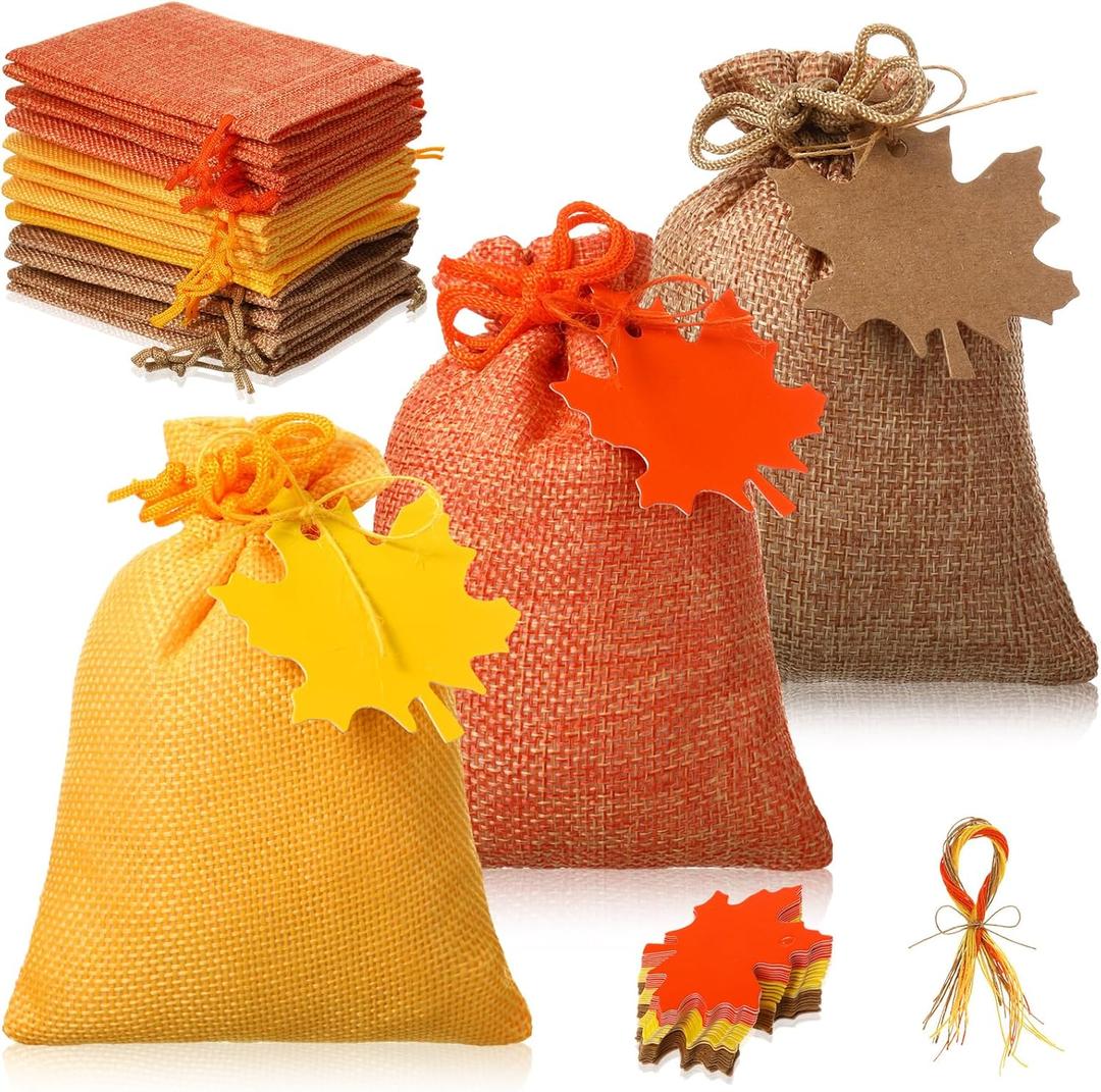 Wesnoy 24 Set Small Thanksgiving Burlap Gift Bags with Drawstring Autumn Goodie Bags with Maple Leaf Tags Jute Rope 4" x 5.5" Orange Yellow Brown Treat Sack for Fall Wedding Birthday Party Favor
