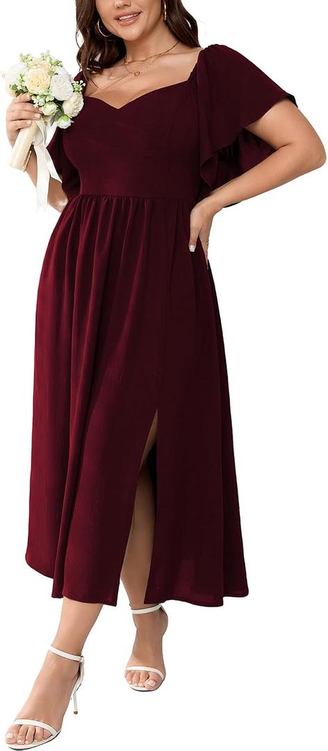 SCOMCHIC Women Plus Size Dresses Short Sleeve Sweetheart Neckline Wedding Guest Cocktail Smocked A Line Slit Maxi Dress (XXL)