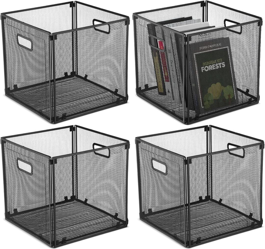 4 Pcs Foldable Metal Cube Storage Baskets 13x13 Kitchen Wire Baskets Stackable Mesh Laundry Organizer Bin with Handles for Shelves Kitchen Cabinets Closet Food (Black)