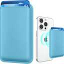 Magnetic Mag-safe Wallet Cell Phone Card Holder for Phone Case with Mag-Safe, Stronger Magnetic RFID Leather Phone Wallet Stick on Series of iPhone 15/14/13/12 and Pro/Promax, Light Blue
