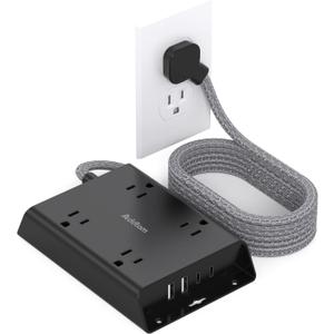 Surge Protector Power Strip, Addtam 5 ft Flat Plug Extension Cord with 4 USB Wall Charger(2 USB C Port), 4 Widely Outlets Desk Charging Station, Home Office and College Dorm Room Essentials, Black