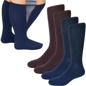 Extra Wide calf socks for women, Non-Binding wide open socks, Soft and Comfy, Stretchy Premium Cotton. 2 Pairs Size 7-12 (Navy Blue and Brown)