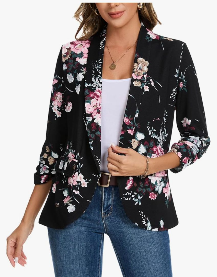 MINTLIMIT Womens Blazer 3/4 Ruched Sleeve Shawl Collar Business Work Blazers Open Front Casual Jackets with Pockets, Small
