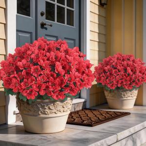 YXZZWL 16 Bundles Artificial Flowers for Front Door, Fake Silk Azalea Bouquet Silk Flowers for Outside UV Resistant Realistic Faux Plants for Planter Farmhouse Patio Garden Walkways Home Decor (Red)