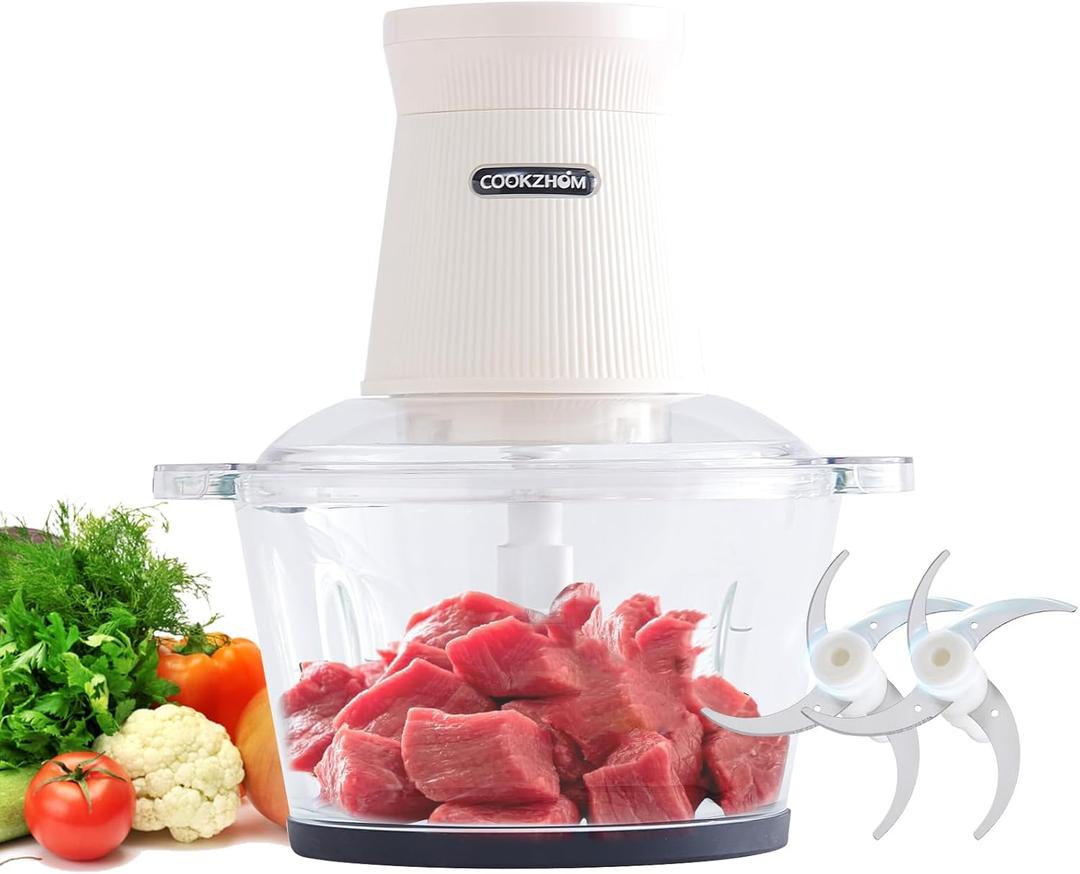 500W Food Processor, White Meat Grinder with Glass Bowl 8 Cup, Electric Food Chopper with 2 Sharp Blade Sets for Meat, Fruits, Vegetables, Baby Food, Nuts, 2 Speed