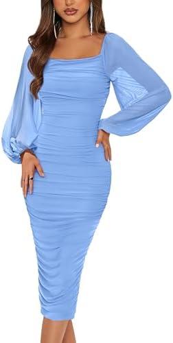 MASCOMODA Women's 2025 Long Puff Sleeve Ruched Midi Bodycon Dress Sexy Mesh Wedding Guest Party Cocktail Dresses L