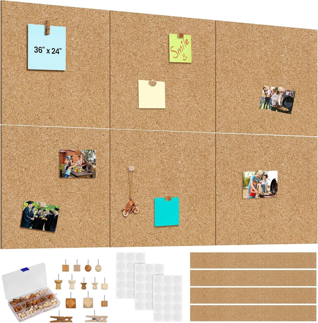 Aodaer 6 Pack Cork Boards 36" x 24" Thick Bulletin Board Tiles with 4 Frameless Cork Strips Pin Board Bar Strips with Push Pins Clips for Office School Home Walls