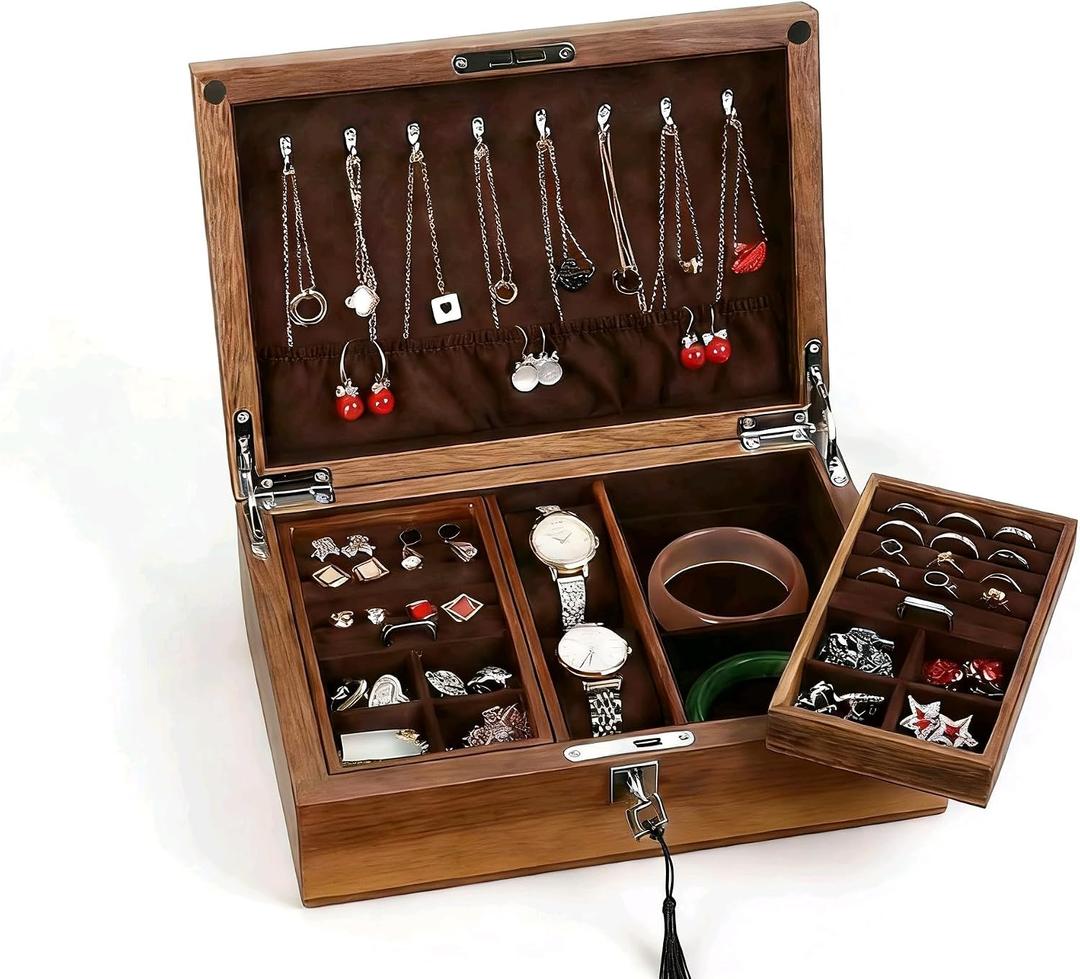 Bescott 2 Layer Solid Black Walnut Wooden Jewelry Box for Women Wood Vintage Organizer for Men Earrings Rings Necklaces Bracelet Watch Storage Mother's Day Gift