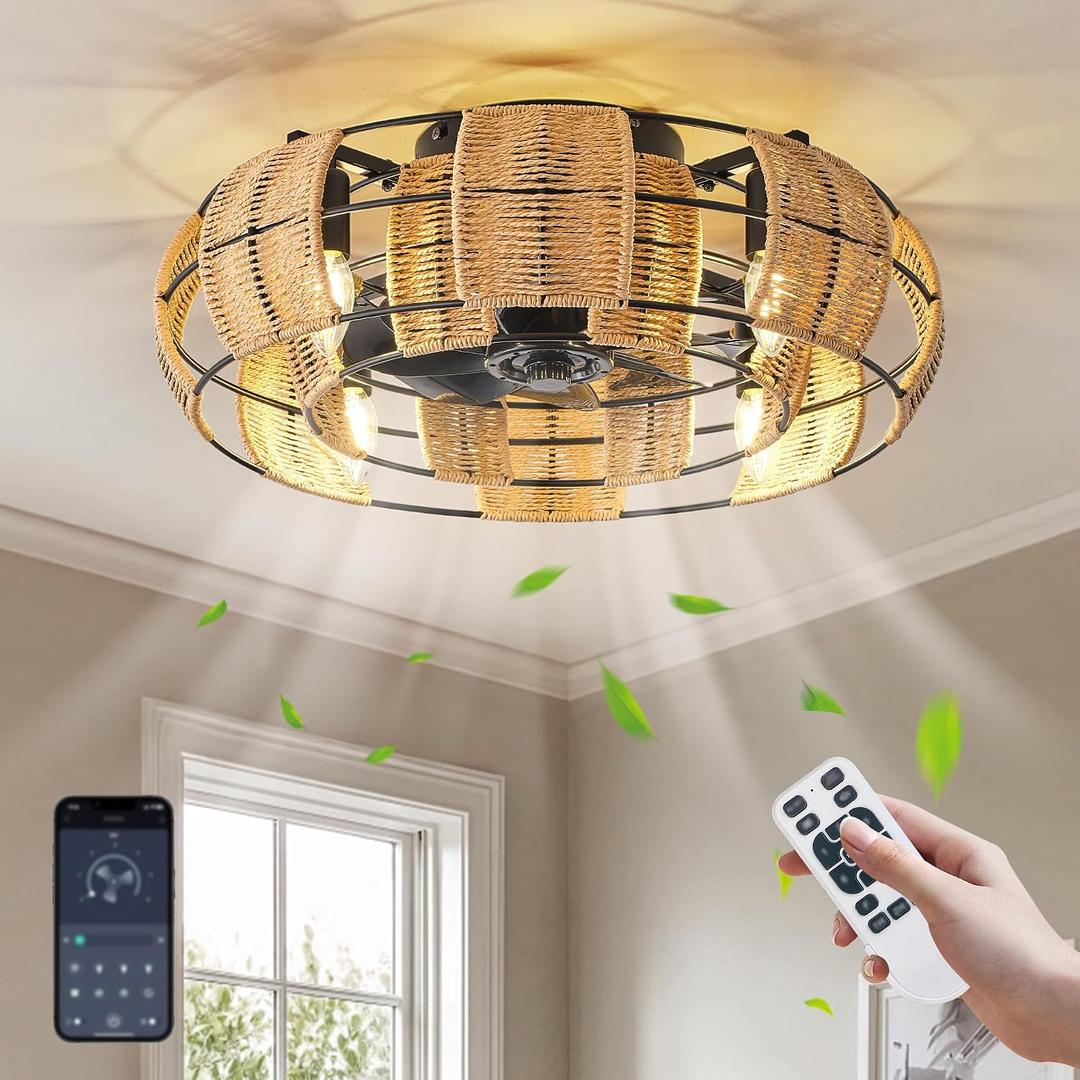 22 inch Boho Rattan Caged Ceiling Fan with Light, Low Profile Flush Mount Bladeless Ceiling Fan with Light and Remote&APP Control Quiet 6-Speed Reversible DC Motor for Living Rooms and Kitchens, Black, Large