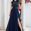 Miusol Women's Elegant Sequin Lace Contrast Chiffon Split Style Evening Party Maxi Dress (Medium, Navy Blue)