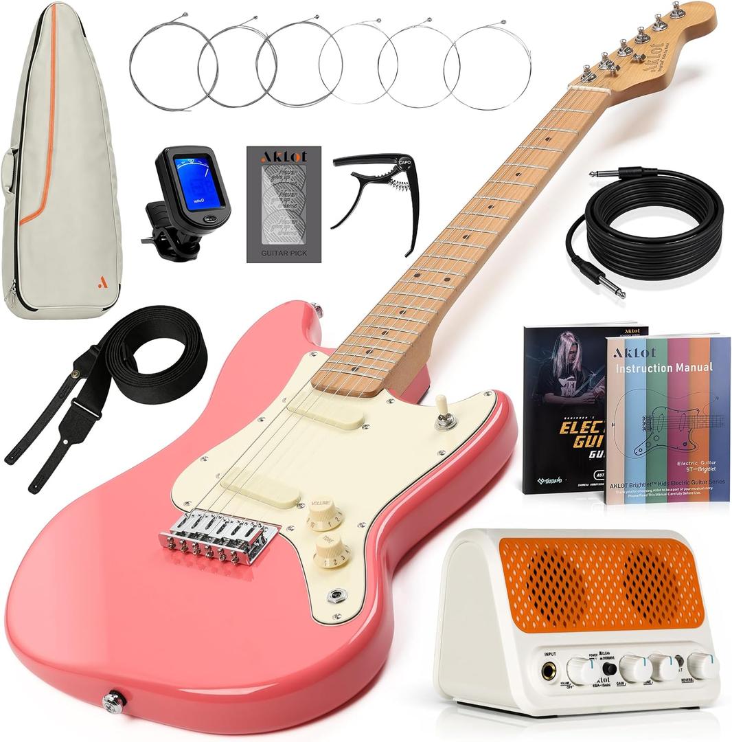 AKLOT Mini Kids Electric Guitar: 3/4 Size Guitar Kit for Beginners, 1.5in Narrow Neck for Small Hands, Easy to Play, Age 6-12, 36", 10W Amp, Gig Bag, Strap, Cable, Picks & Lesson Book (Pink)