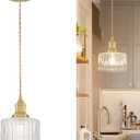 Vintage Pendant Lights for Kitchen with Clear Striped Glass Shade, 6.9 In Brushed Gold Pendant Lights Kitchen Island, Small Kitchen Island Lighting Adjustable Hanging Light for Entrance Hallway