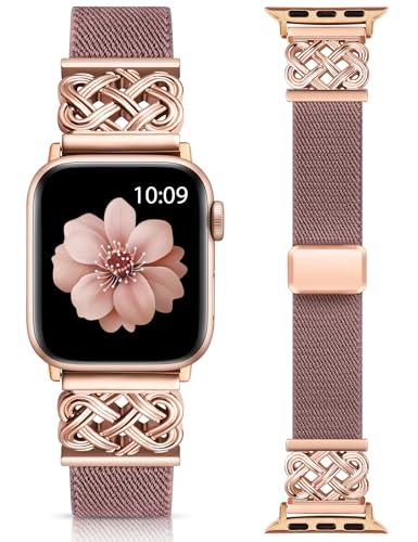 Minyee Magnetic Stretchy Band Compatible with Apple Watch Bands 38/40/41/42mm Women Men, Celtic Knot Soft Elastic Nylon Strap for iWatch Series 11 10 9 8 7 6 5 4 SE/Ultra 3 2 1,Smoke Violet/Rose Gold