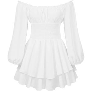 Women Ruffle Romper Off Shoulder Puff Sleeve Flowy Layered A-Line Fairy Pirate Dressy Short Jumpsuit (Medium, White)