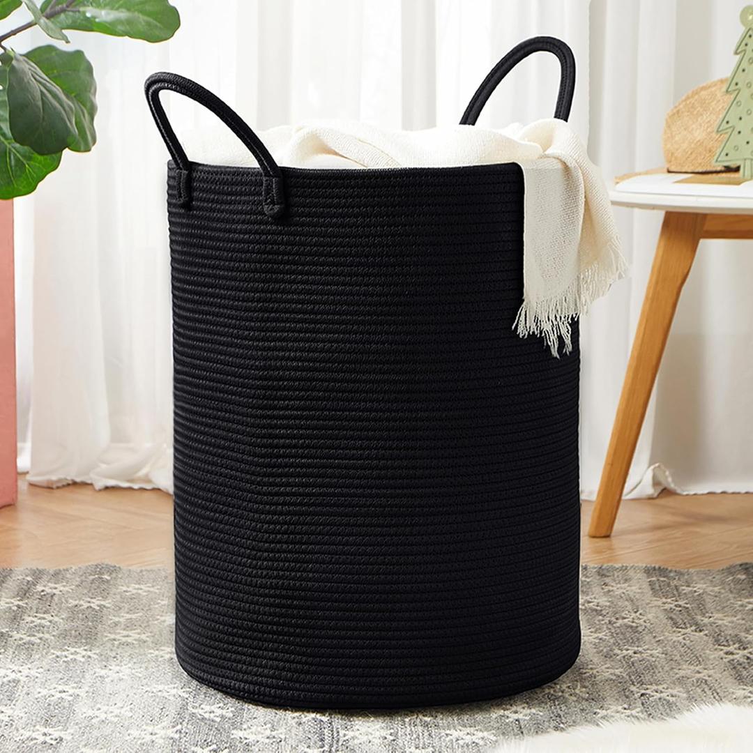 62L Black Woven Rope Laundry Basket Hamper for Clothes Tall Modern Blanket Storage Basket in Living Room Bedroom (Large)