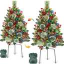 Outdoor Christmas Tree 2 Pack 33" Christmas Urn Filler with 50 Warm&Colorful Lights, Artificial Xmas Tree 8 Modes Timer,Mixed Tips Pinecones Red Berries Battery Operated for Pathway Yard Porch Planter