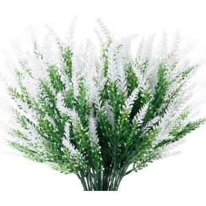 8 Bundles Artificial Lavender Flowers Outdoor UV Resistant Fake Flowers No Fade Faux Plastic Plants Garden Porch Window Box Decorating (Classic White)