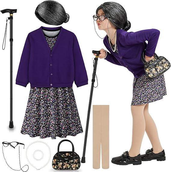 Old Lady Costume for Kids 100 Days of School Costume for Girls 100th Day of School Granny Old Lady Dress Up Accessory, Small