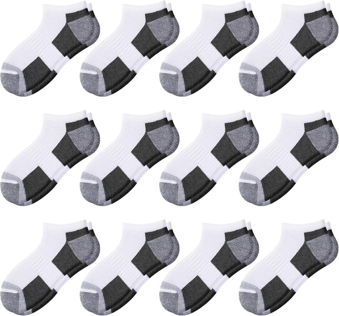 Comfoex 12 Pairs Boys Ankle Cushioned Socks Athletic Low Cut Sports Breathable Socks For Kids 7-10 Years Old
